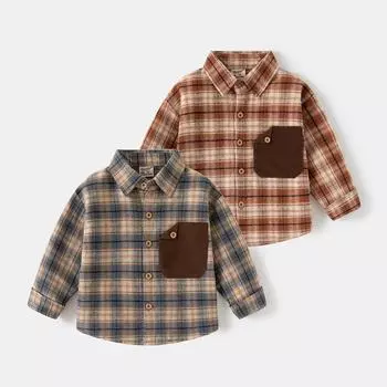 Рубашка в клетку с длинными рукавами для мальчиков, новая весенняя детская повседневная рубашка из чистого хлопка, модный топ для малышей, детская одежда 90cm