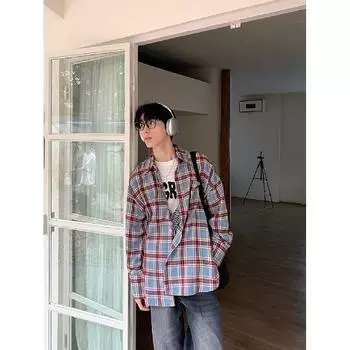 Рубашка в клетку с длинными рукавами, мужская, весенняя, новая, в японском стиле, ретро, высококачественная, модная, брендовая, свободная, повседневная, пальто M синий