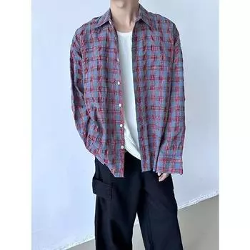 Рубашка в клетку с длинными рукавами мужская весна и осень новая модная универсальная рубашка из искусственной кожи красивая свободная повседневная рубашка для пар пальто M красный