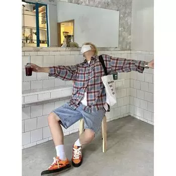 Рубашка в клетку с длинными рукавами, мужская, весенняя, новая, в японском стиле, ретро, высококачественная, модная, брендовая, свободная, повседневная, пальто M синий