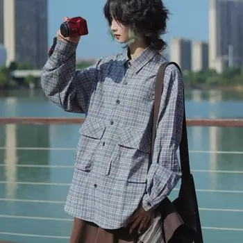 Рубашка в клетку с длинными рукавами в японском стиле Boyue Qiyue, модная универсальная и красивая повседневная рабочая одежда с карманом для мужчин и женщин M хаки