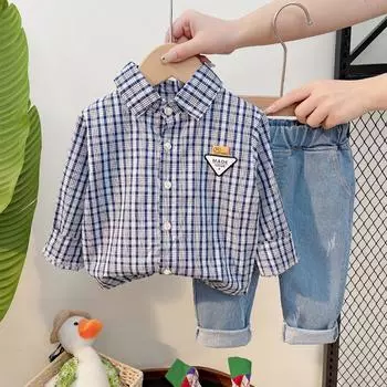 Рубашка в клетку с героями мультфильмов для мальчиков, детский весенне-осенний комплект из двух предметов с длинными рукавами 90