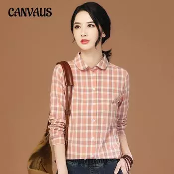 Рубашка в клетку с кукольным воротником, женская весенне-осенняя рубашка со свежим дизайном и длинным рукавом M