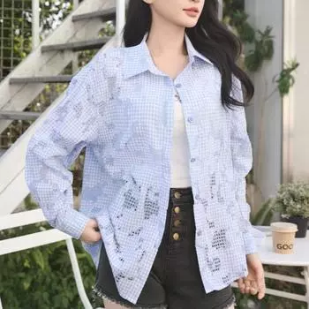 Рубашка в клетку с вырезом для женщин, летняя, крутая, свободная, повседневная, модная, трендовая, верхняя рубашка M