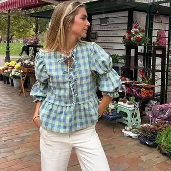 Рубашка в клетку с завязкой спереди и бантом, женская свободная, с круглым вырезом, с коротким рукавом, блузка, весна-лето, повседневные простые топы L синий