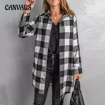 Рубашка в клетку средней длины с длинным рукавом Женская куртка Рубашка в клетку Топ S чёрный