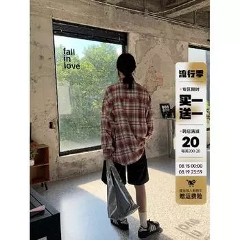 Рубашка в клетку в американском стиле в стиле ретро для мужчин, весна-осень, уличный тренд, свободная повседневная рубашка с длинным рукавом для пары, пальто M красный