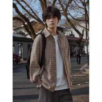 Рубашка в клетку в японском стиле Nanhe, мужская, с длинными рукавами, весна-осень, высококачественная, молодежная, свободная, повседневная, розовая куртка M хаки