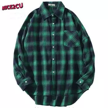 Рубашка в клетку в стиле Харадзюку, весна-осень, рубашка на пуговицах в корейском стиле с длинными рукавами, повседневный топ в стиле бойфренда, нерегулярный топ L чёрный