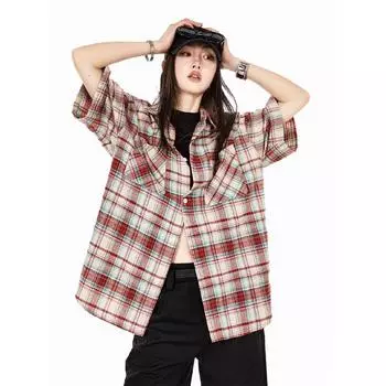 Рубашка в клетку в стиле ретро для женщин на весну и осень, тонкий стиль, свободный летний дизайн, рубашка с длинными рукавами Niche, верхняя одежда, рубашка Inch M красный