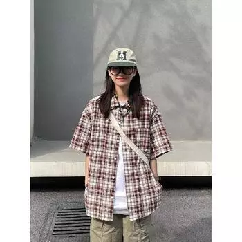 Рубашка в клетку в стиле ретро, мужская, с короткими рукавами, модная, повседневная, универсальная, в стиле Гонконга, весна-осень, хулиганская, красивая, дюймовая куртка M синий