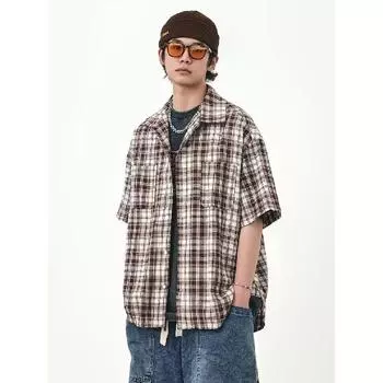 Рубашка в клетку в стиле ретро, мужская, с короткими рукавами, модная, повседневная, универсальная, в стиле Гонконга, весна-осень, хулиганская, красивая, дюймовая куртка M синий