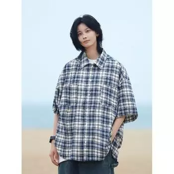 Рубашка в клетку в стиле ретро, мужская, с короткими рукавами, модная, повседневная, универсальная, в стиле Гонконга, весна-осень, хулиганская, красивая, дюймовая куртка M синий