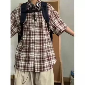 Рубашка в клетку в стиле ретро, мужская, с короткими рукавами, модная, повседневная, универсальная, в стиле Гонконга, весна-осень, хулиганская, красивая, дюймовая куртка M синий