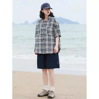 Рубашка в клетку в стиле ретро, мужская, с короткими рукавами, модная, повседневная, универсальная, в стиле Гонконга, весна-осень, хулиганская, красивая, дюймовая куртка M синий