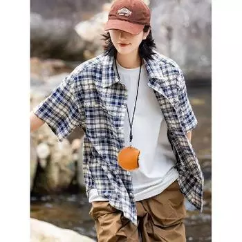 Рубашка в клетку в стиле ретро, мужская, с короткими рукавами, модная, повседневная, универсальная, в стиле Гонконга, весна-осень, хулиганская, красивая, дюймовая куртка M синий
