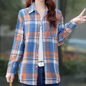 Рубашка в клетку в стиле ретро розового и оранжевого цвета, однотонные топы, весенне-осенние рубашки с лацканами и длинными рукавами, женская хлопковая блузка с начесом, азиатский размер M чёрный