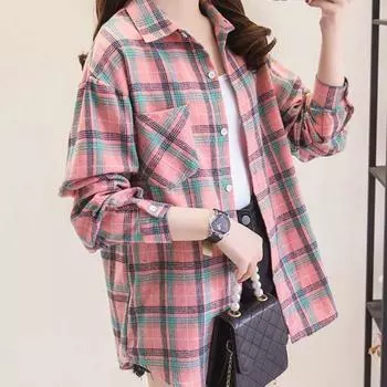 Рубашка в клетку, женская весенне-осенняя свободная куртка в стиле ретро с длинными рукавами и начесом в корейском стиле M розовый