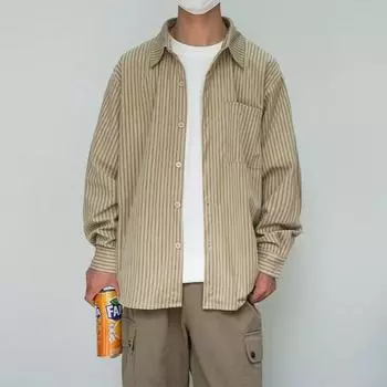Рубашка в полоску для мужчин, весна-осень, японская повседневная рубашка с длинным рукавом, модный красивый свободный корейский топ M хаки