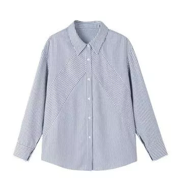 Рубашка в полоску для женщин, весна, новый, простой, свободный, повседневный, с лацканами, с длинными рукавами S синий