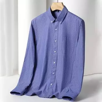 Рубашка в полоску из 100% хлопка, мягкая и удобная деловая мужская рубашка с длинными рукавами, офисная повседневная рубашка с карманом, приталенная посадка S