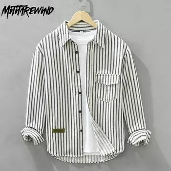 Рубашка в полоску с длинным рукавом в японском стиле в стиле ретро для мужчин, молодежная, 100% хлопок, повседневные свободные рубашки с карманом, мужская одежда на весну/осень M синий