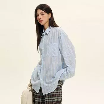 Рубашка в полоску в японском стиле, мужская, с длинными рукавами, на весну и осень, свободная, повседневная, модная, с красивыми нашивками из искусственной кожи M синий