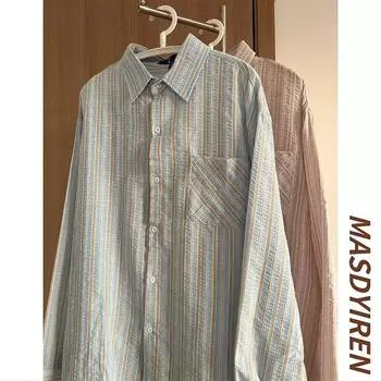 Рубашка в полоску в японском стиле, мужская, с длинными рукавами, на весну и осень, свободная, повседневная, модная, с красивыми нашивками из искусственной кожи M синий