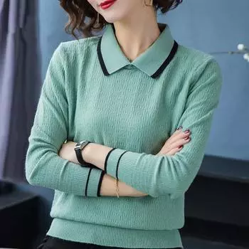 Рубашка в полоску в стиле пэчворк, вязаный свитер, женский весенний тонкий трикотаж, топы, повседневный женский пуловер с отложным воротником и длинными рукавами L кофейный