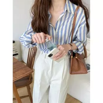 Рубашка в полоску в стиле ретро Sense of Lazy Wind, женская, летняя, свободная, универсальная, удобная, для поездок на работу, в стиле ретро, классическая, офисная, повседневная, женская рубашка S розовый