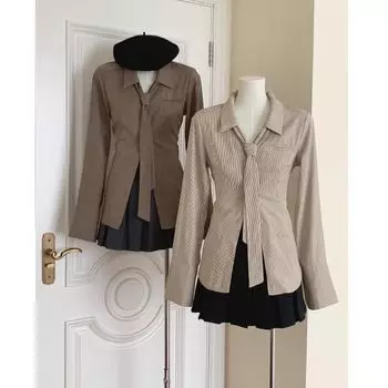 Рубашка в полоску, весенне-осенний женский топ в ленивом стиле, французский розовый однотонный кардиган с длинными рукавами, облегающая блузка onesize абрикосовый