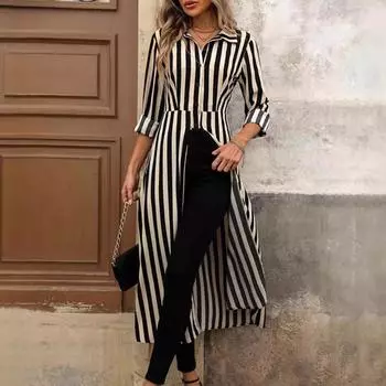 Рубашка в полоску Женская весна осень Корейская мода Простые длинные рубашки Женская свободная дышащая рубашка миди и блузка camisas de mujer S чёрный