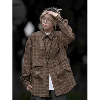 Рубашка в японском стиле в стиле ретро с большим карманом, с длинными рукавами, для мужчин и женщин, винтажная, с несколькими карманами, контрастного цвета, для пары, рубашка, пальто M хаки