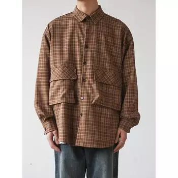 Рубашка в японском стиле в стиле ретро с большим карманом, с длинными рукавами, для мужчин и женщин, винтажная, с несколькими карманами, контрастного цвета, для пары, рубашка, пальто M хаки