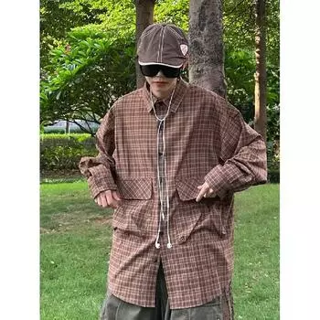 Рубашка в японском стиле в стиле ретро с большим карманом, с длинными рукавами, для мужчин и женщин, винтажная, с несколькими карманами, контрастного цвета, для пары, рубашка, пальто M хаки