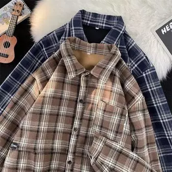Рубашка в японском стиле в стиле ретро для городских пар, бархатная, с подкладкой, на осень и зиму, для мальчиков в студенческом стиле, теплая, в клетку M хаки