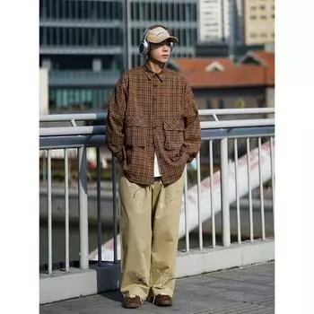 Рубашка в японском стиле в стиле ретро с большим карманом, с длинными рукавами, для мужчин и женщин, винтажная, с несколькими карманами, контрастного цвета, для пары, рубашка, пальто M хаки