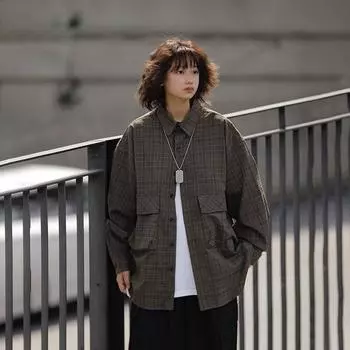 Рубашка в японском стиле в стиле ретро с большим карманом, с длинными рукавами, для мужчин и женщин, винтажная, с несколькими карманами, контрастного цвета, для пары, рубашка, пальто M хаки