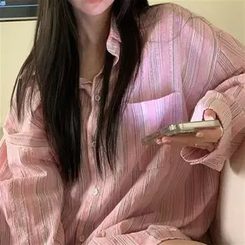 Рубашка в розовую полоску, женская рубашка Lazy Wind, свободная, с длинными рукавами, солнцезащитная блузка, куртка, тонкие модели, винтажная, базовая, офисная, повседневная женская рубашка S