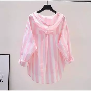 Рубашка в розовую вертикальную полоску, женская свободная куртка с капюшоном, солнцезащитный крем, тонкая хлопковая рубашка, кардиган с длинными рукавами, удобная женская одежда S розовый
