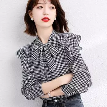 Рубашка в сетку Thousand Bird для женщин Весенняя одежда Рубашка с галстуком-бабочкой для женщин Модные универсальные верхние блузки и рубашки S темные хаки