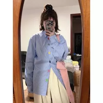 Рубашка в синюю полоску с цветными пуговицами для женщин, весенний свободный повседневный универсальный топ в корейском стиле с отворотом, однобортные блузки M небесно-голубой