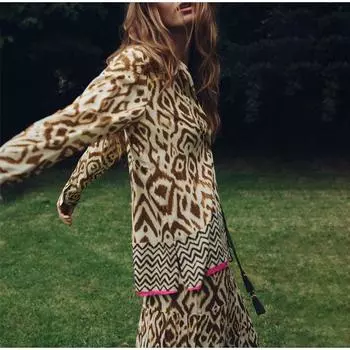 Рубашка в стиле бохо с принтом для женщин, однобортная, с длинным рукавом, с винтажным лацканом, с V-образным вырезом, свободная женская рубашка XS