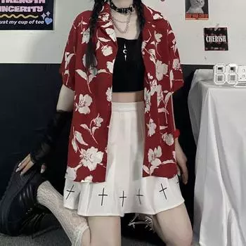 Рубашка в стиле Харадзюку для женщин, летний кардиган с короткими рукавами, красная винтажная мешковатая одежда, уличная одежда S красный