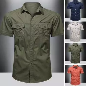 Рубашка в стиле милитари, однотонная летняя однобортная рубашка с отложным воротником и карманами для работы M армия зеленый