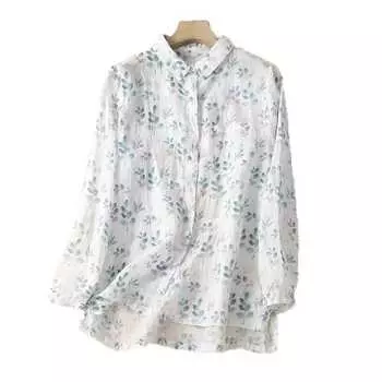 Рубашка в стиле ретро с принтом из рами высокого качества, женская, из хлопка и льна, свободная, повседневная, с длинными рукавами, осенний наряд M синий