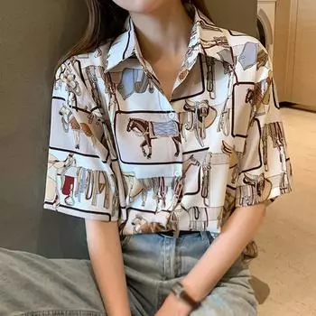 Рубашка в стиле ретро с рисунком лошади из мультфильма, женская, свободная, повседневная, с лацканами, однобортная, с коротким рукавом S