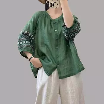 Рубашка в стиле ретро с вышивкой и рукавами-фонариками, женская летняя однобортная хлопковая блузка S красный