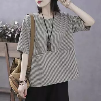 Рубашка в стиле ретро со средними рукавами, женская летняя тонкая блузка в стиле вестерн, маленькая рубашка, пуловер, свободная полосатая футболка с рукавами-пять точек и короткими рукавами 4XL