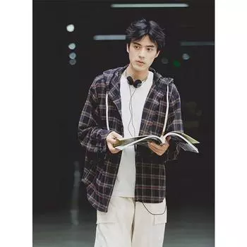 Рубашка в стиле ретро в японском стиле для осени, мужская коричневая, клетчатая одежда для мальчиков, подростковая рубашка с капюшоном и длинным рукавом M хаки